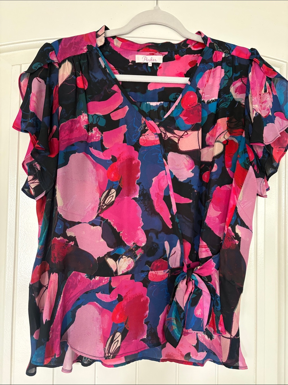 Parker Vibrant Pink & Blue Floral Wrap Blouse